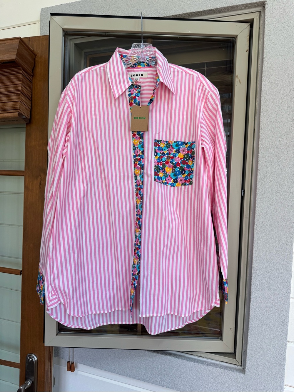 Boden Pink and White Striped Shirt with Floral Trim